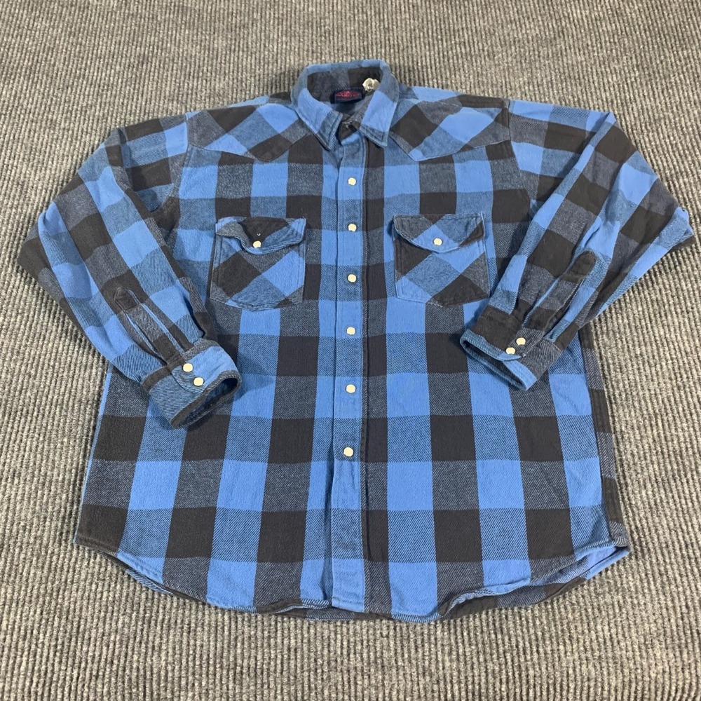 VTG Dakota Shirt Mens Large L Blue Plaid Pearl Snap‎ Heavyweight Grunge Western